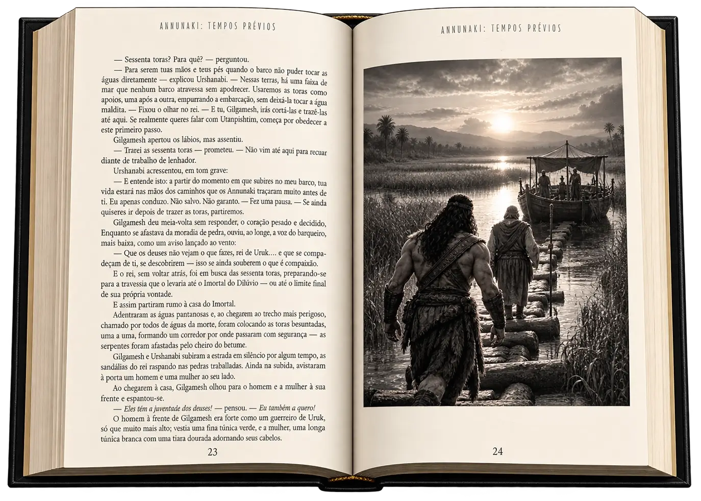 Livro ANNUNAKI aberto em uma página de amostra do primeiro capítulo